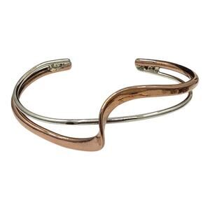 Copper 925 Sterling Silver Wave Cuff Bracelet Adjustable Size Artisan Handmade
